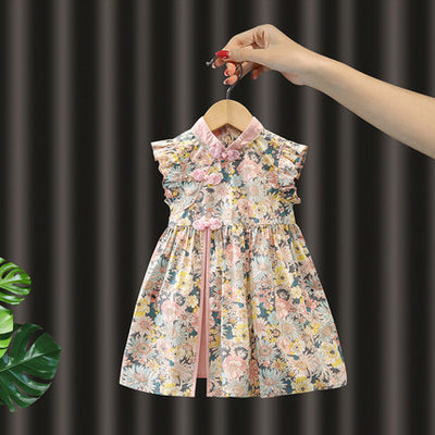 Kids Girls Ruffled Sleeves Pink Floral Cheongsam Dress CNY Chinese New Year Outfit - Little Kooma