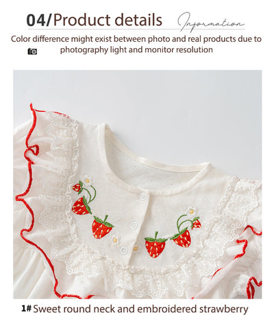 Baby Girl Puff Sleeves Red Embroidered Strawberry Bodysuit Lace Rim - Little Kooma