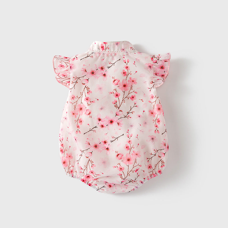 Baby Girl Ruffled Sleeves Pink Plum Flower Prints Voile Cheongsam Bodysuit n Headwrap 2pc Set - Little Kooma