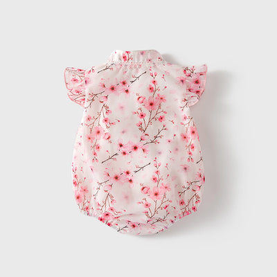 Baby Girl Ruffled Sleeves Pink Plum Flower Prints Voile Cheongsam Bodysuit n Headwrap 2pc Set - Little Kooma