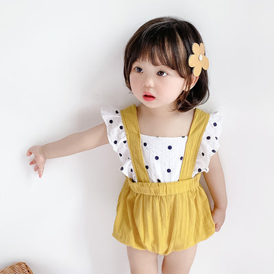 Baby Girl Fake Two Piece Ruffled Sleeves Polka Dots Big Bowtie Bodysuit - Little Kooma