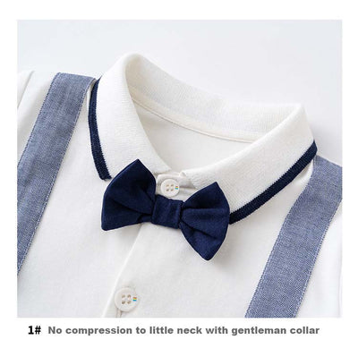 Baby Boy Fake Two Piece Blue Denim Suspender Suit Romper w Bow - Little Kooma
