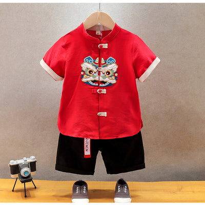 Kids Boys Cheongsam Set Dancing Lion Top n Shorts CNY Chinese New Year Outfit - Little Kooma