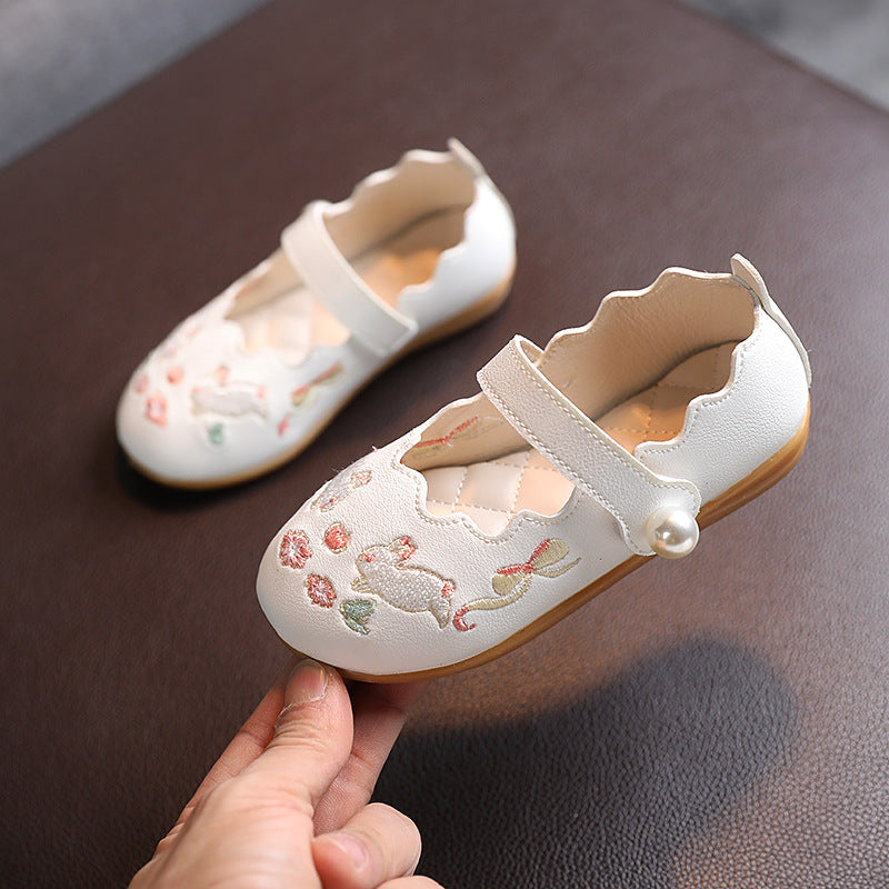 Baby Kids Girl PU Leather Anti-slip Embroidered Bunnies Shoes Magic Tape 662 - Little Kooma