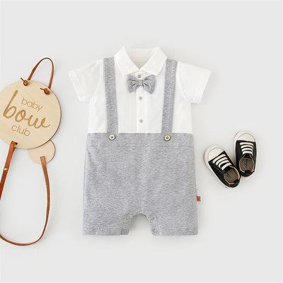 Baby Boy Fake Two Piece Suspender Suit Romper w Bow - Little Kooma