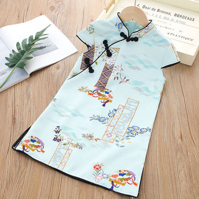 Kids Girls Lotus Flowers Crane Auspicious Clouds Cheongsam Dress Cap Sleeves CNY Chinese New Year Outfit - Little Kooma