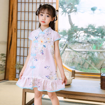 Kids Girls Trumpet Cheongsam Dress Flowers Cap Sleeves CNY Chinese New Year Outfit - Little Kooma