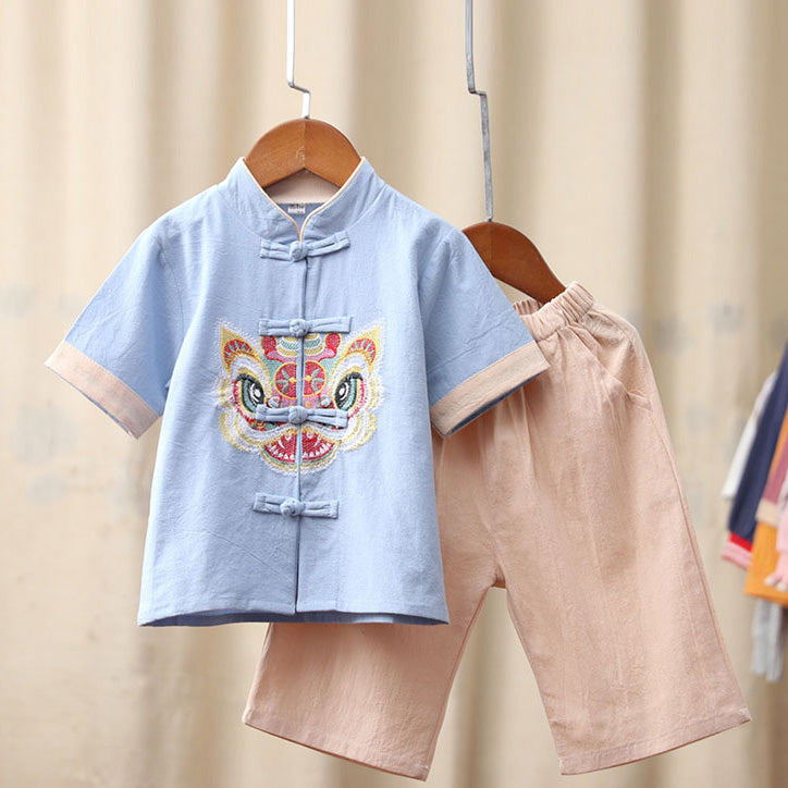 Kids Boys Cheongsam Set Top n Shorts Embroidered Dancing Lion Racial Harmony Day CNY Chinese New Year Outfit - Little Kooma