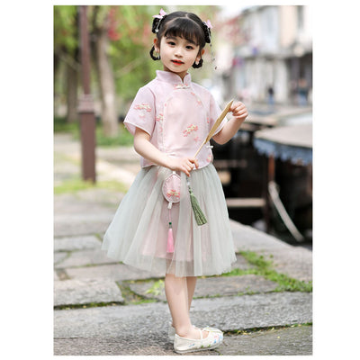 Kids Girls Voile Cheongsam Set Top n Skirt Pink Embroidered Pink n White Flowers  CNY Chinese New Year Outfit - Little Kooma