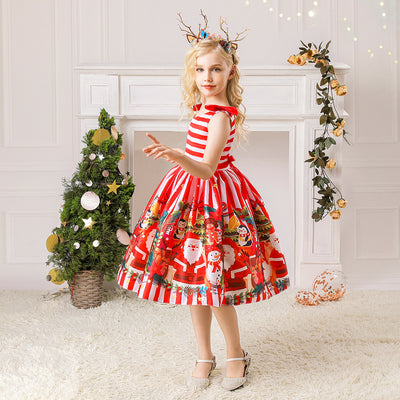Kids Girls Sleeveless Shoulder Bowtie Red Stripes Penguin Snowman Ginger Bread Man Christmas Outfit w Zip - Little Kooma