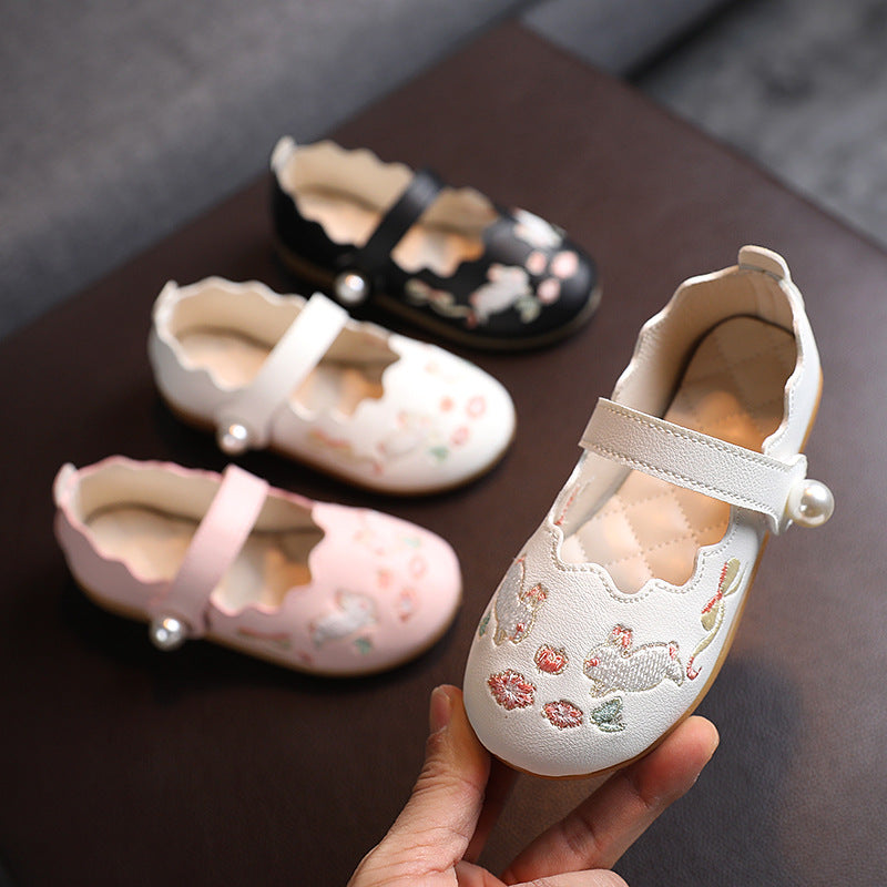Baby Kids Girl PU Leather Anti-slip Embroidered Bunnies Shoes Magic Tape 662 - Little Kooma