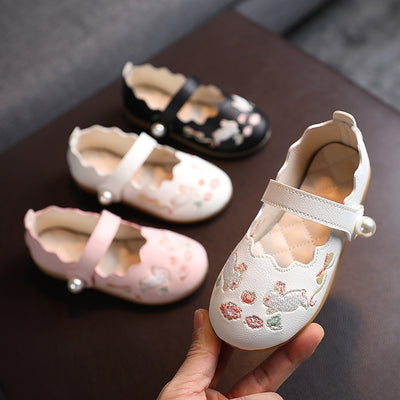 Baby Kids Girl PU Leather Anti-slip Embroidered Bunnies Shoes Magic Tape 662 - Little Kooma
