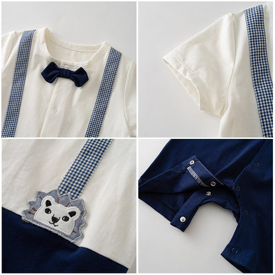 Baby Boy Fake Two Piece Round Neck Pocket Lion Suspender Suit Romper w Bow - Little Kooma