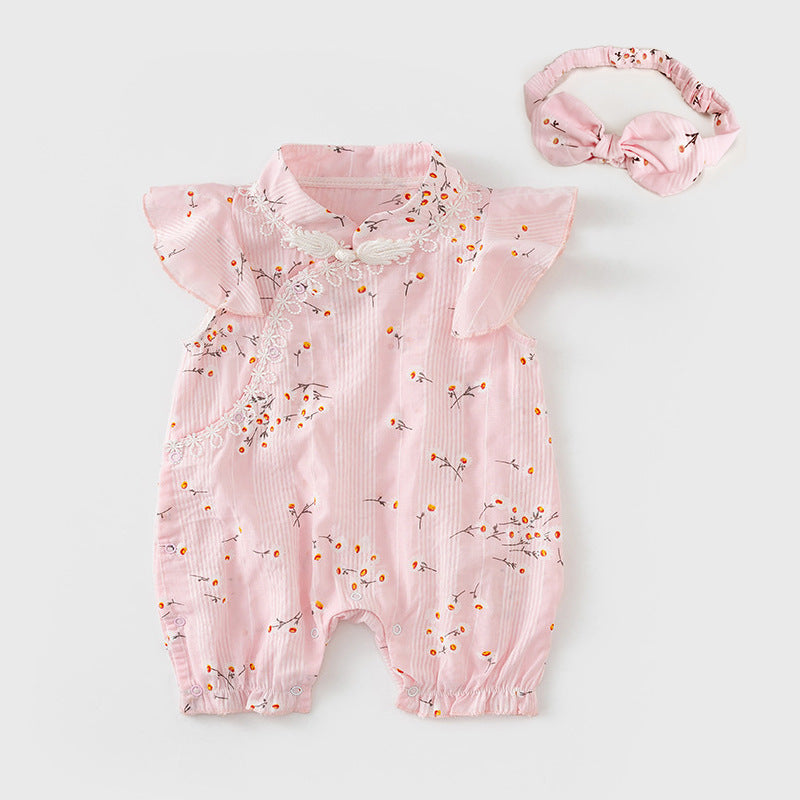 Baby Girl Little Flowers Cheongsam Romper n Headwrap 2pc Set - Little Kooma