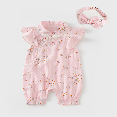 Baby Girl Little Flowers Cheongsam Romper n Headwrap 2pc Set - Little Kooma