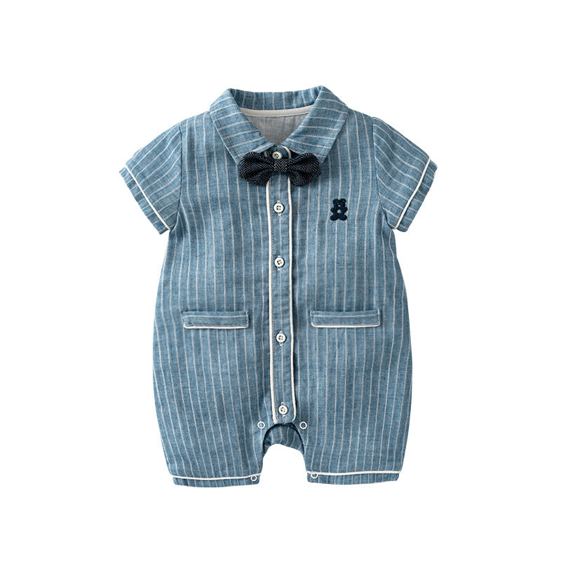 Baby Boy Bear White Stripes Dark Blue Suit Romper w Removable Black Wave Bow Fake Two Pockets - Little Kooma