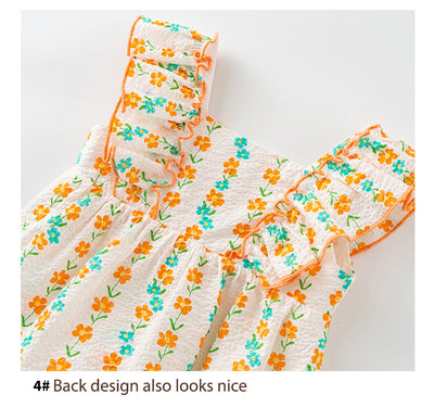 Baby Girl Ruffled Sleeves Orange Flower Prints Bodysuit n Headwrap 2pc Set - Little Kooma