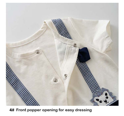 Baby Boy Fake Two Piece Round Neck Pocket Lion Suspender Suit Romper w Bow - Little Kooma