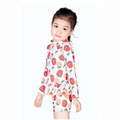 Baby Kids Girl's Strawberry Prints Long Sleeves Two Piece Swimming Suit Top Shorts n Free Cap 907052 - Little Kooma