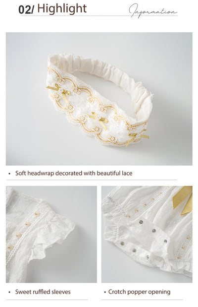 Baby Girl White Lace Ruffled Sleeves Big Golden Bowtie Bodysuit n Headwrap 2pc Set - Little Kooma