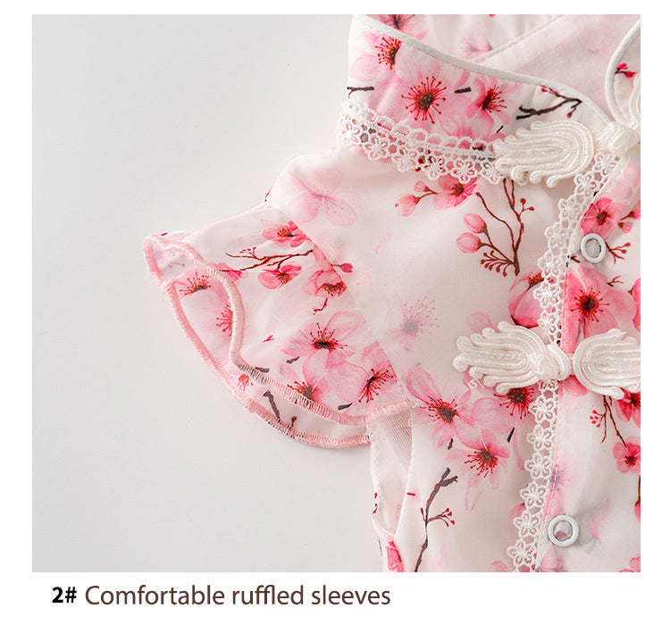 Baby Girl Ruffled Sleeves Pink Plum Flower Prints Voile Cheongsam Bodysuit n Headwrap 2pc Set - Little Kooma