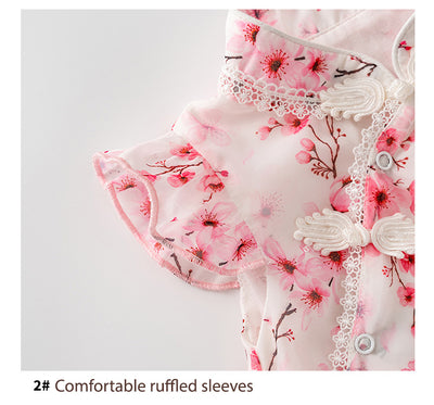 Baby Girl Ruffled Sleeves Pink Plum Flower Prints Voile Cheongsam Bodysuit n Headwrap 2pc Set - Little Kooma