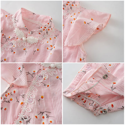 Baby Girl Little Flowers Cheongsam Romper n Headwrap 2pc Set - Little Kooma