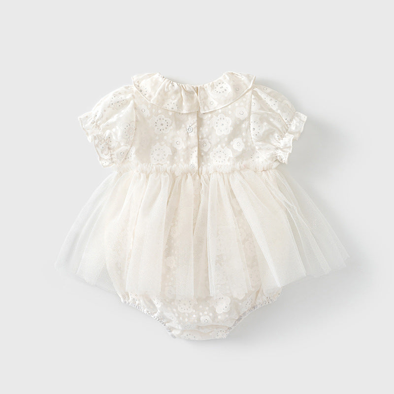 Baby Girl White Lace Puff Sleeves Big Wedding Confirmation Baptism Dress Bodysuit Dress n Headwrap 2pc Set - Little Kooma