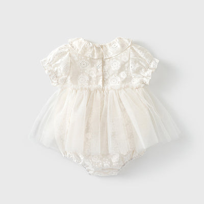 Baby Girl White Lace Puff Sleeves Big Wedding Confirmation Baptism Dress Bodysuit Dress n Headwrap 2pc Set - Little Kooma