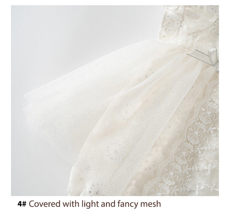 Baby Girl White Lace Puff Sleeves Big Wedding Confirmation Baptism Dress Bodysuit Dress n Headwrap 2pc Set - Little Kooma