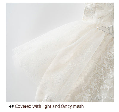 Baby Girl White Lace Puff Sleeves Big Wedding Confirmation Baptism Dress Bodysuit Dress n Headwrap 2pc Set - Little Kooma