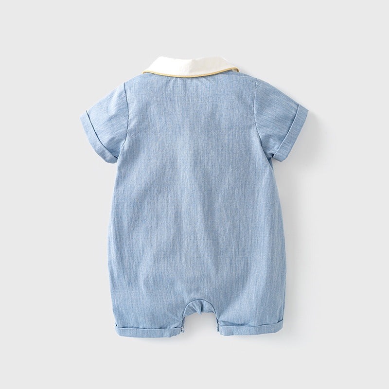 Baby Boy Panda White Collar Light Blue Suit Romper w Red Plaid Bow n Two Pockets - Little Kooma