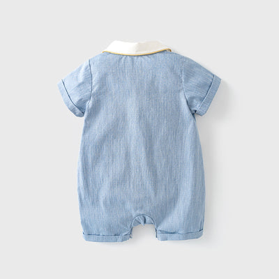 Baby Boy Panda White Collar Light Blue Suit Romper w Red Plaid Bow n Two Pockets - Little Kooma