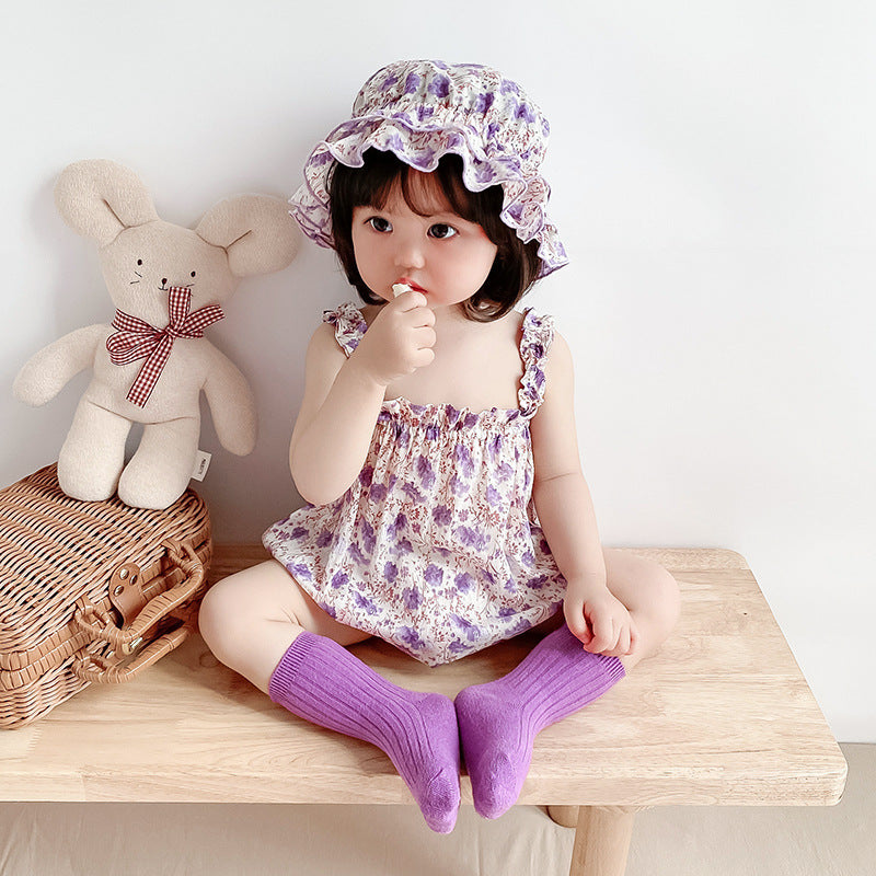 Baby Girl Ruffled Hem Floral Camisole Romper n Hat 2pc Set - Little Kooma