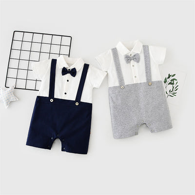 Baby Boy Fake Two Piece Suspender Suit Romper w Bow - Little Kooma