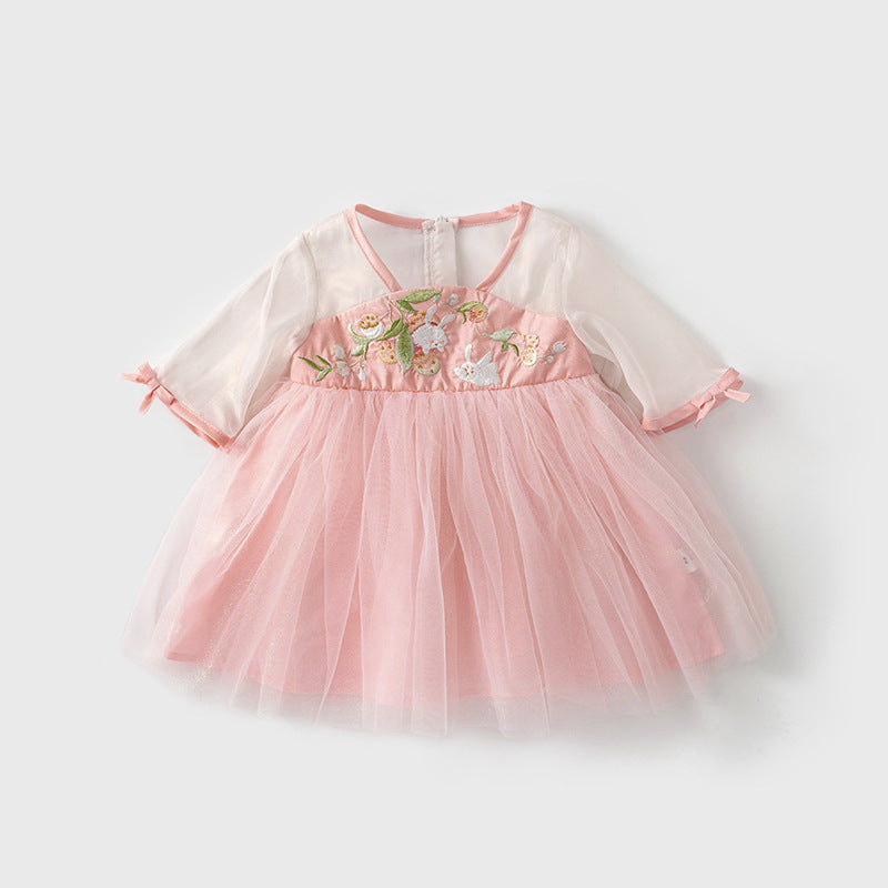 Baby Girl Three Quarter Sleeves Pink Embroidered Bunnies Voile Cheongsam Dress w Zipper - Little Kooma