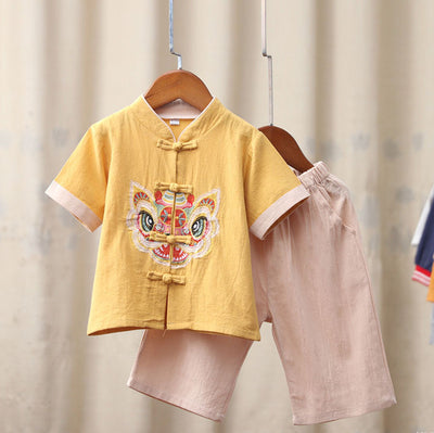 Kids Boys Cheongsam Set Top n Shorts Embroidered Dancing Lion Racial Harmony Day CNY Chinese New Year Outfit - Little Kooma