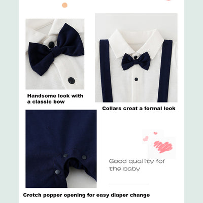 Baby Boy Fake Two Piece Suspender Suit Romper w Bow - Little Kooma