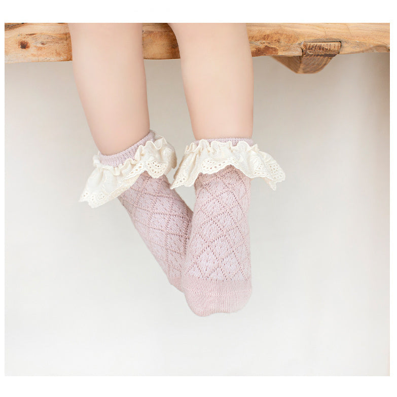 Baby Kids Girl Lace Brim Waffle Ankle Socks - Little Kooma