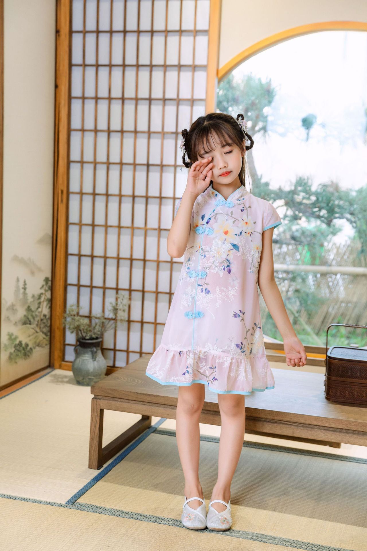 Kids Girls Trumpet Cheongsam Dress Flowers Cap Sleeves CNY Chinese New Year Outfit - Little Kooma