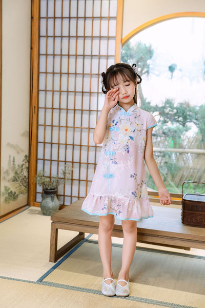 Kids Girls Trumpet Cheongsam Dress Flowers Cap Sleeves CNY Chinese New Year Outfit - Little Kooma