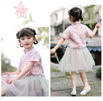 Kids Girls Voile Cheongsam Set Top n Skirt Pink Embroidered Pink n White Flowers  CNY Chinese New Year Outfit - Little Kooma