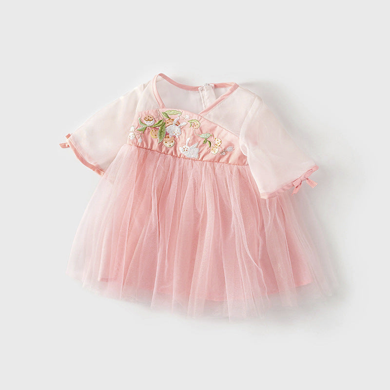 Baby Girl Three Quarter Sleeves Pink Embroidered Bunnies Voile Cheongsam Dress w Zipper - Little Kooma