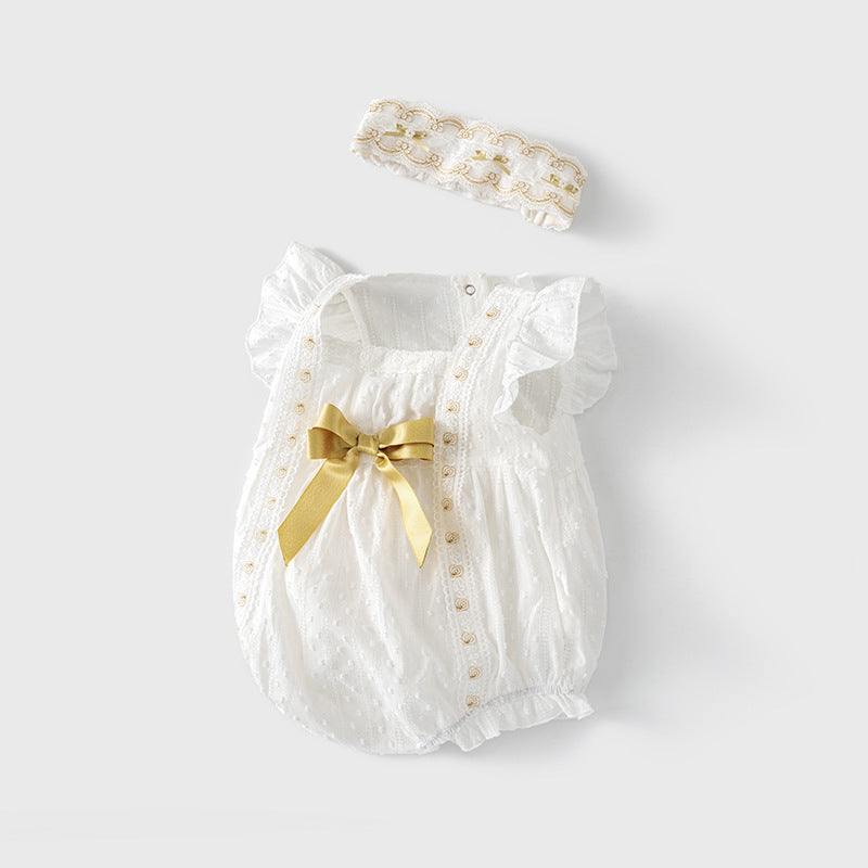 Baby Girl White Lace Ruffled Sleeves Big Golden Bowtie Bodysuit n Headwrap 2pc Set - Little Kooma