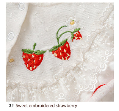 Baby Girl Puff Sleeves Red Embroidered Strawberry Bodysuit Lace Rim - Little Kooma