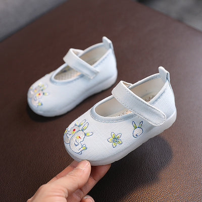 Baby Girl Textile Anti-slip Flats Embroidered Bunnies Cow Shoes Magic Tape BBX - Little Kooma