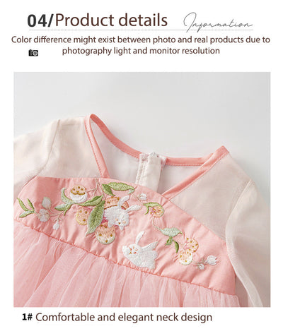 Baby Girl Three Quarter Sleeves Pink Embroidered Bunnies Voile Cheongsam Dress w Zipper - Little Kooma