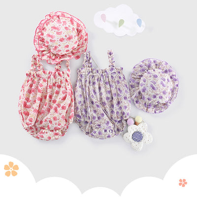 Baby Girl Ruffled Hem Floral Camisole Romper n Hat 2pc Set - Little Kooma