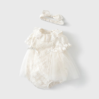 Baby Girl White Lace Puff Sleeves Big Wedding Confirmation Baptism Dress Bodysuit Dress n Headwrap 2pc Set - Little Kooma