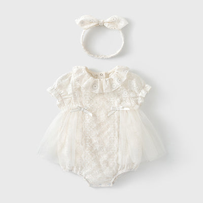 Baby Girl White Lace Puff Sleeves Big Wedding Confirmation Baptism Dress Bodysuit Dress n Headwrap 2pc Set - Little Kooma